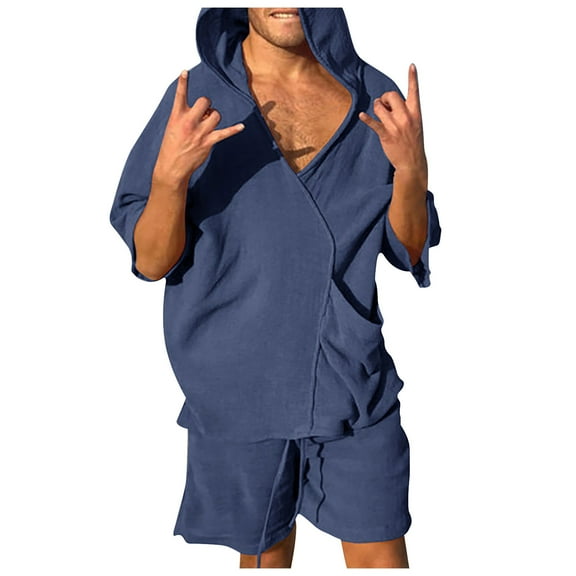 WMTBSRSW Mens 2 Piece Outfits Fashion Cotton Linenr Short Sleeve Hoodie Tracksuits CasualSummer Beach Hooded Athletic Jogging Sweatsuit Gym Outfit