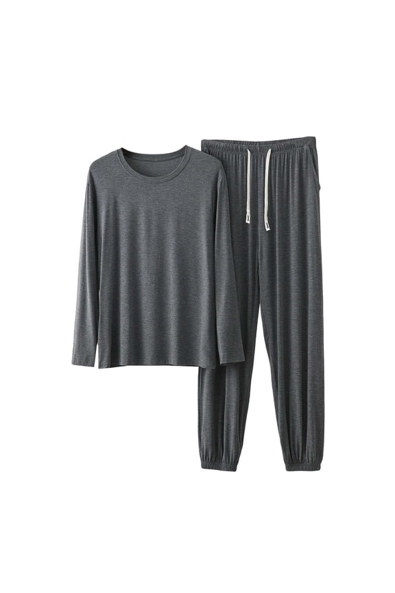 Mens Big and Tall L-5XL Pajamas Sets Soft Modal Crewneck Pjs Set 2 Piece Sleep Outfits Long Sleeve Tops and High Waisted Drawstring Pants Dark Gray Large