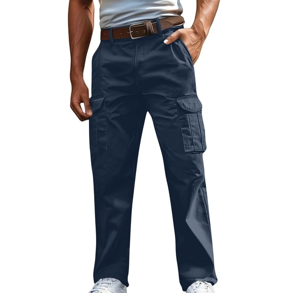 WMTBSRSW Mens Casual Linen Pants Lightweight Straight Leg Cargo Pants Solid High Waisted Work Pants with Pockets Summer Outdoor Clothes Navy XX-Large