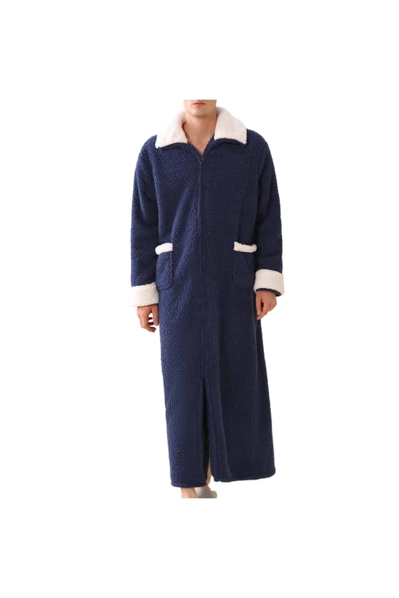 Mens Flannel Robes Full Length Fleece Button Down Bathrobe Texture Warm Fluffy Cozy Winter Housecoat Floor Length Navy Medium