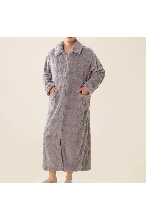Mens Flannel Robes Full Length Fleece Zip up Bathrobe Texture Warm Fluffy Cozy Winter Housecoat Shower Spa Bathrobe with Pockets Gray Large