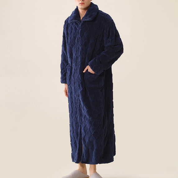 dazeni Mens Flannel Robes Full Length Fleece Zip up Bathrobe Texture Warm Fluffy Cozy Winter Housecoat Shower Spa Bathrobe with Pockets Navy Medium