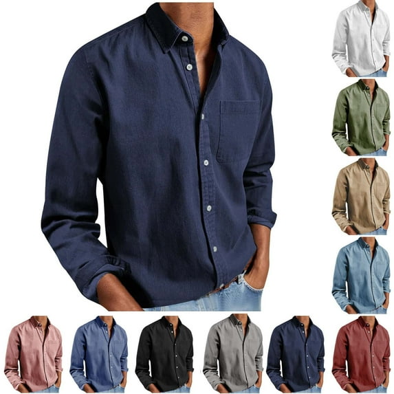 WMTBSRSW Mens Long Sleeve Shirts Slim Fit Casual Button Down Shirts Solid Fall Lapel Work Shirts Blue X-Large