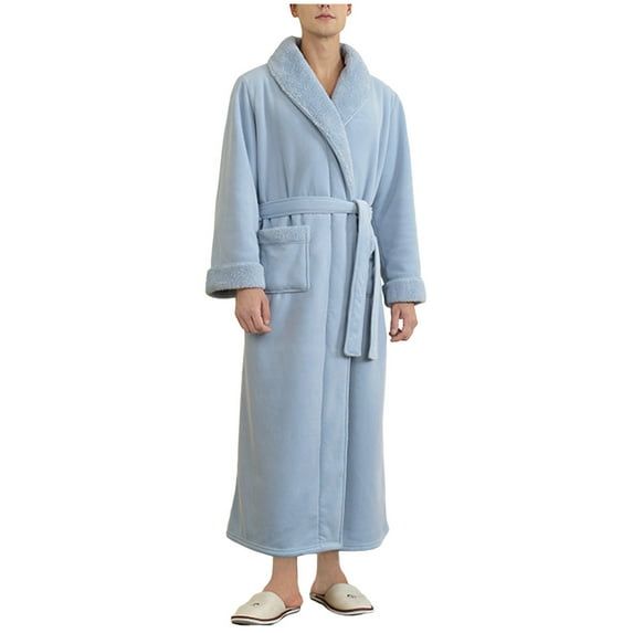 WMTBSRSW Mens Plush Fleece Flannel Robe Cozy Warm Kimono Bathrobe Fuzzy Male Spa Long Robe with Pockets Blue