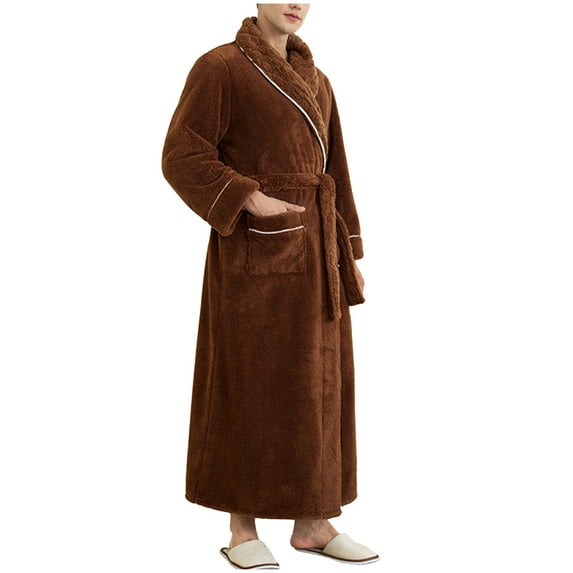 WMTBSRSW Mens Plush Fleece Flannel Robe Cozy Warm Kimono Bathrobe Fuzzy Male Spa Long Robe with Pockets Brown