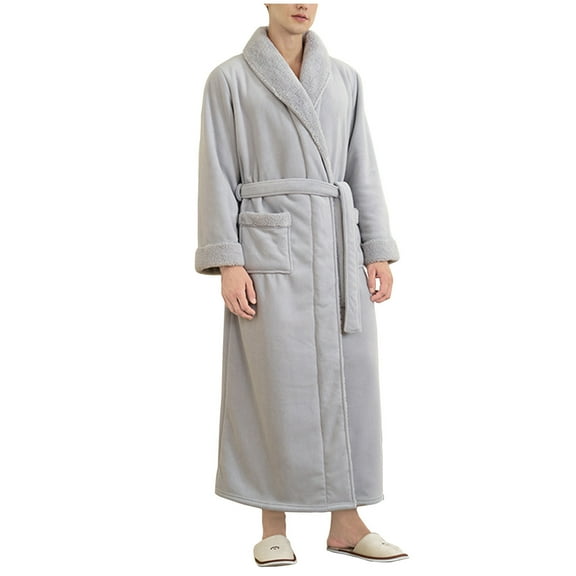 WMTBSRSW Mens Plush Fleece Flannel Robe Cozy Warm Kimono Bathrobe Fuzzy Male Spa Long Robe with Pockets Gray