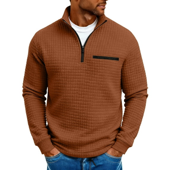 WMTBSRSW Mens Quarter Zip Pullover Long Sleeve Waffle Zip up Sweatshirt Casual Stand Collar Golf Sweaters with Pocket Brown 3X-Large