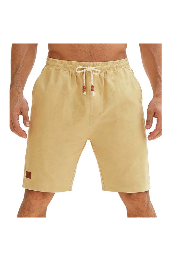 Mens Summer Beach Shorts Casual Linen Shorts with Pockets Lightweight Comfy High Waisted Drawstring Shorts for Workout Yoga Running Khaki Medium