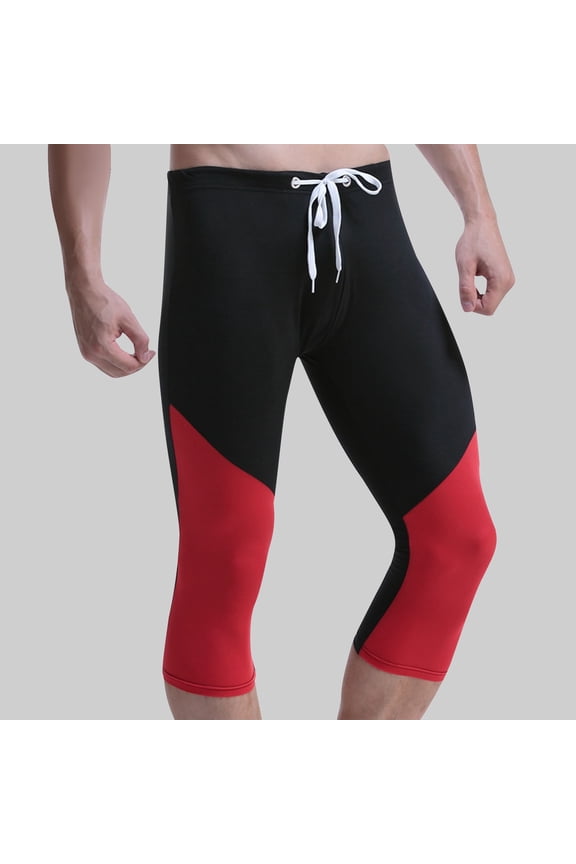 Mens Swim Capri Pants Long Patchwork Swim Tights High Waisted Drawstring Leggings Rash Guard Swimming Pants