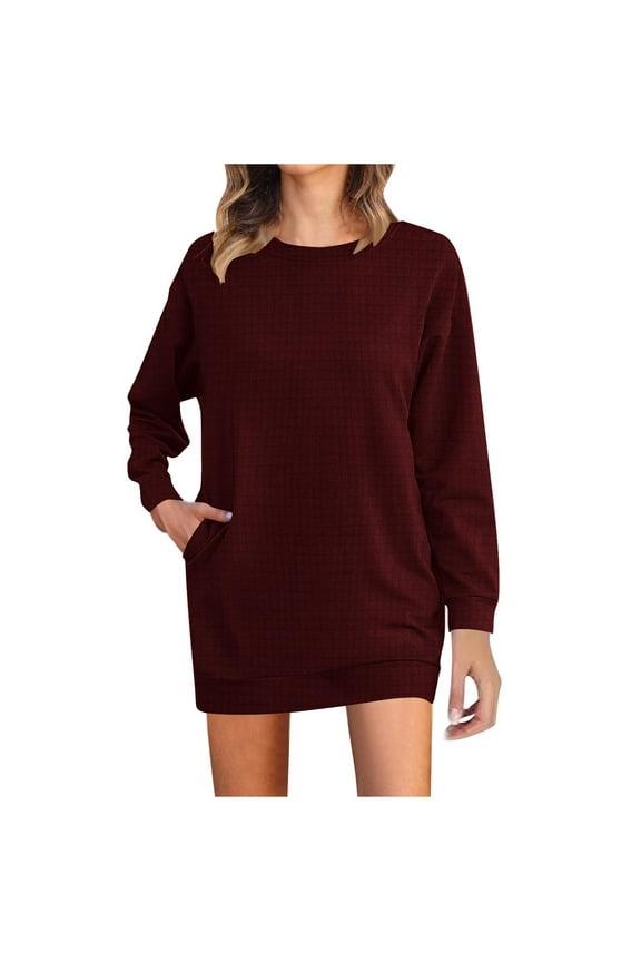 Mini Dresses for Women Waffles Long Sleeve Round Neck Sweatshirt Dress Solid Color Work Casual Athletic Wrap Dresses Soft Lightweight Pullover with Pocket