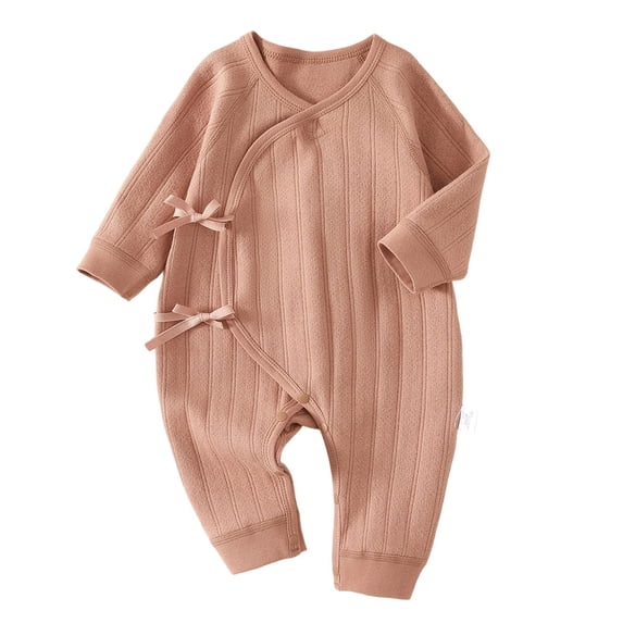 WMTBSRSW Newborn Knit Romper Baby Long Sleeve Side Tie Knot Footless Jumpsuit Infant Solid Cotton Outfit Brown 1-3 Months
