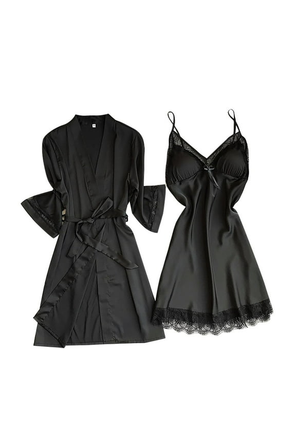Nightgown and Robe Set for Women Lace Trim Nightshirt and Soft Kimono Robe Satin Bathrobe Pajama Set Cami Sleepwear Loungewear