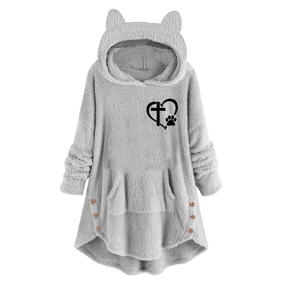 WMTBSRSW Novelty Teddy Hoodies for Women Fuzzy Fleece Hoodie Sweatshirt Fashion Ruffle Side Button Long Sleeve Pullover with Hoody Gray2 Medium