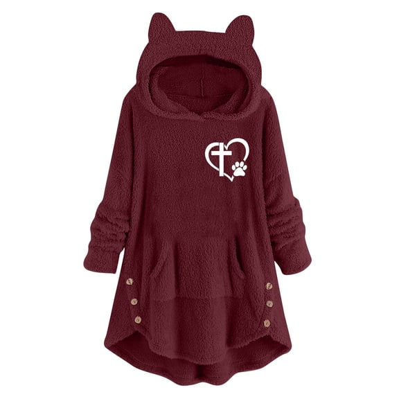 WMTBSRSW Novelty Teddy Hoodies for Women Fuzzy Fleece Hoodie Sweatshirt Fashion Ruffle Side Button Long Sleeve Pullover with Hoody Wine2 Medium