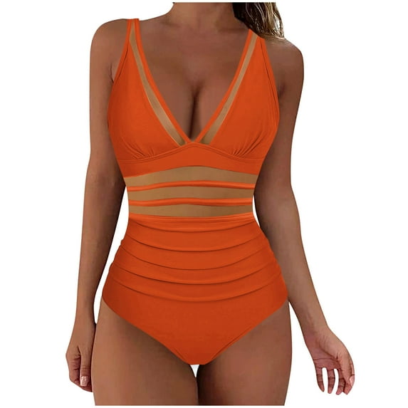 WMTBSRSW One Piece Swimsuit Women Deep V Neck Ruched Mesh Swimsuits Tummy Control Bathing Suits Solid Comfy Beach Swimsuits Swimming Pool Clothings