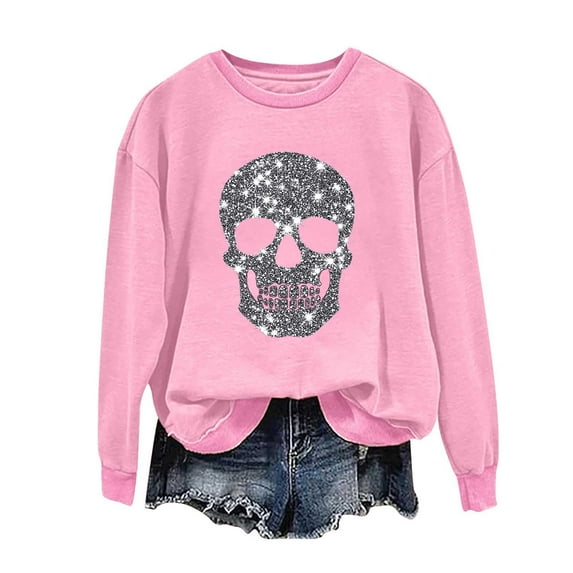 WMTBSRSW Oversized Sweatshirt for Women Sequin Skull Graphic Halloween Sweatshirts Casual Long Sleeve Pullover Tops