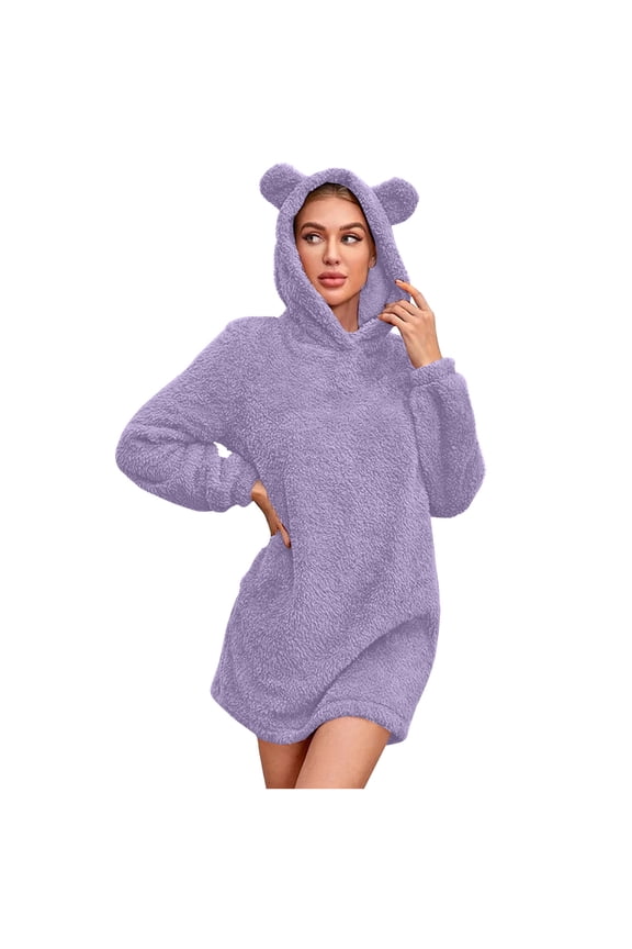 Pajamas Dresses for Women Plush Hooded Dress Winter Warm Long Sleeve Fuzzy Fleece Cute Bear Ear Nightgown Sleepwear Purple XX-Large