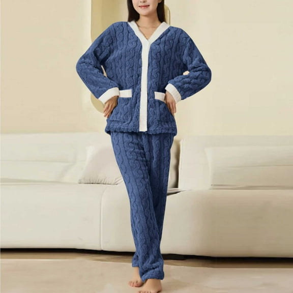 WMTBSRSW Pajamas for Women Sets Soft Comfy Fluffy Sherpa Pajama 2 Piece Outfits with V Neck Button Down Sleep Tops and Fuzzy Fleece Pants Soft Cozy Sleepwear Blue