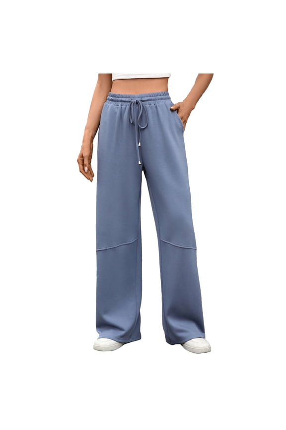 Patchwork Sweatpants Women Wide Leg Drawstring Elastic High Waistd Pants with Side Pockets Athletic Joggers Track Pants Blue S