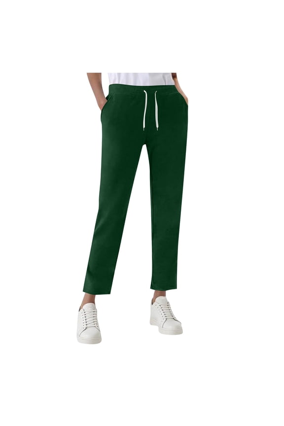 Petite Drawstring Sweatpants for Women Cozy Straight Leg Lounge Pants Casual Slim Fit Dressy Trousers for Work Everday Wear with Pockets Green Large