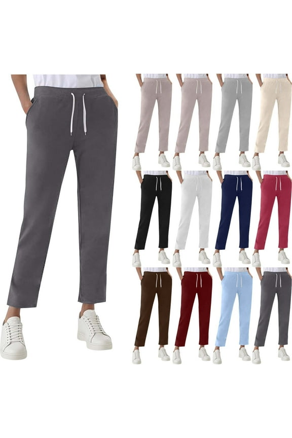 Petite Drawstring Sweatpants for Women Cozy Straight Leg Lounge Pants Casual Slim Fit Dressy Trousers for Work Everday Wear with Pockets