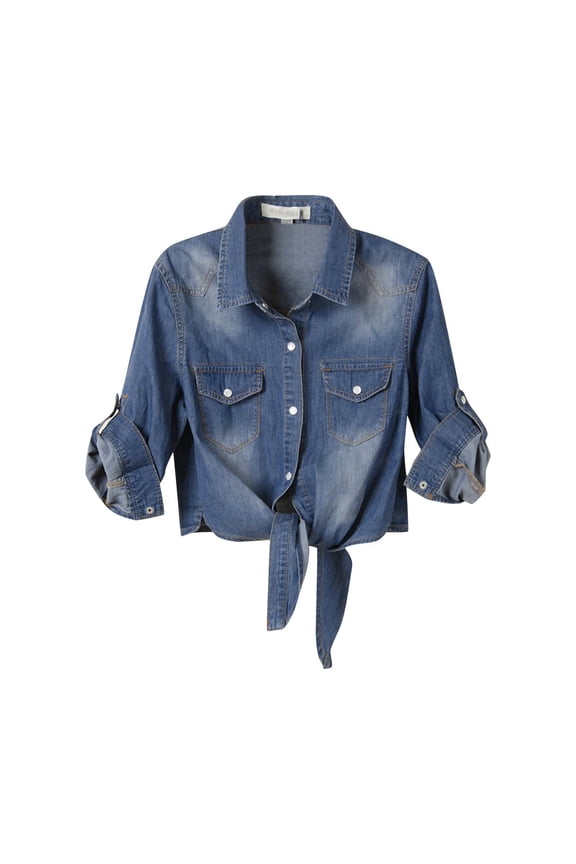 Petite Womens Denim Shirts Tie Front Rolle Long Sleeve Crop Top Button Down Jean Cardigan for Dress Dark Blue XXL