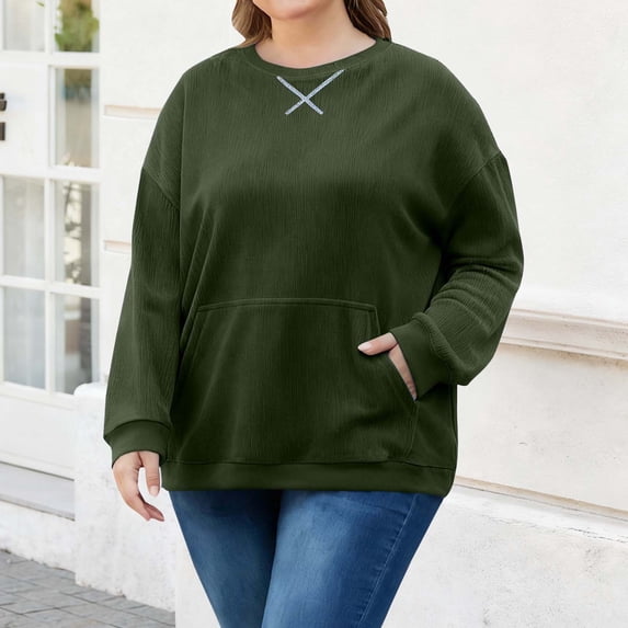 WMTBSRSW Plus Size Crewneck Sweatshirts for Women with Pocket Fashion Fall Winter Corduroy Shirts Solid Regular Fit Long Sleve Pullover Tops Brown XX-Large