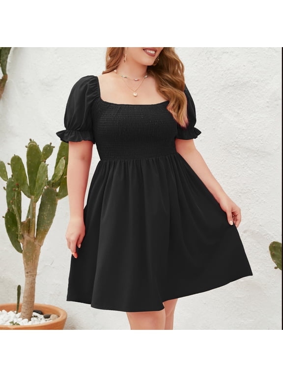 Plus Size Dresses for Curvy Women Square Neck Puff Sleeve Wrap Mini Babydoll Dress High Waist Ruffle Flowy Bohemian Casual Vacation Beach Dress