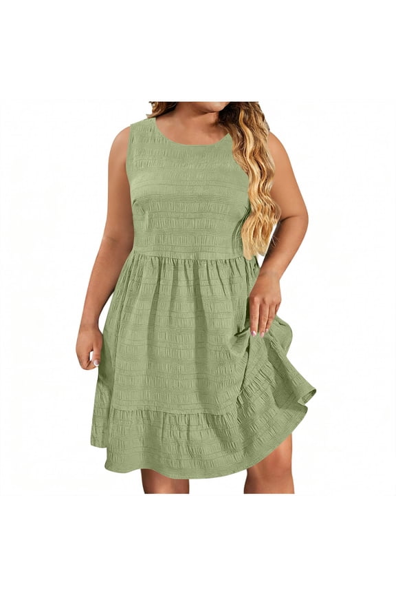 Plus Size Dresses for Curvy Women Pleated Crewneck Midi Sundress Casual Sleeveless Summer Beach Vacation Dress Army Green Large