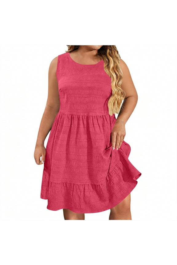 Plus Size Dresses for Curvy Women Pleated Crewneck Midi Sundress Casual Sleeveless Summer Beach Vacation Dress Hot Pink 3X-Large
