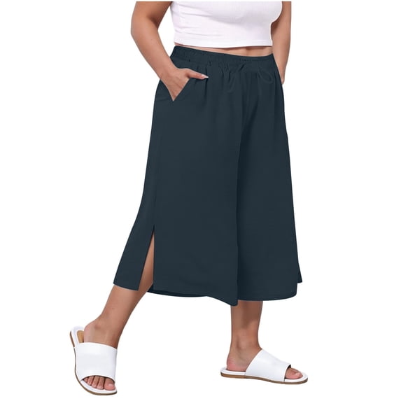 WMTBSRSW Plus Size Linen Capris for Women Summer Flowy Wide Leg Cropped Palazzo Pants Lightweight Split High Waisted Drawstring Trousers with Pockets Navy XX-Large