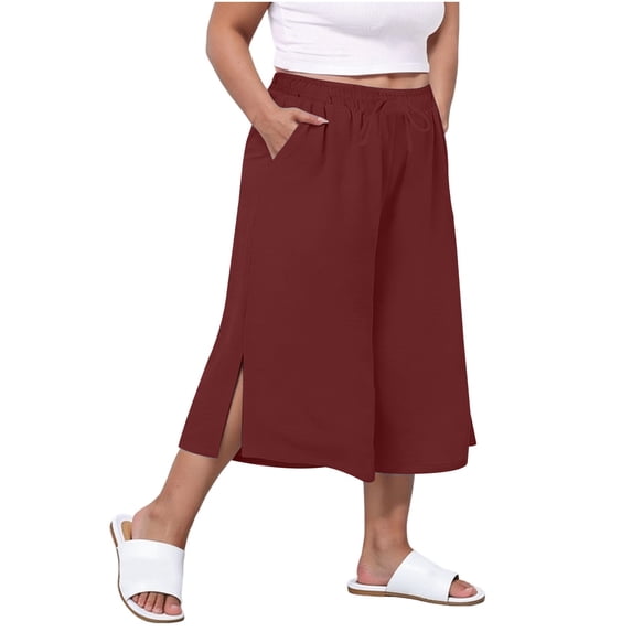 WMTBSRSW Plus Size Linen Capris for Women Summer Flowy Wide Leg Cropped Palazzo Pants Lightweight Split High Waisted Drawstring Trousers with Pockets Wine Large