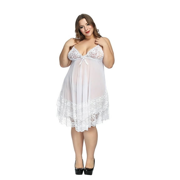 dazeni Plus Size Nightgown for Women Lace Babydoll Mesh See Through Chemise Nightwear Sheer Nightie Deep V Neck Nightdress Honeymoon M-6XL