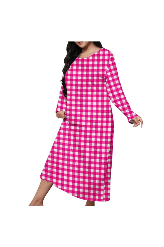 Plus Size Nightgowns for Women Soft Long Sleeve Nightgown Plaid Long Sleep Dress Crewneck Nightdress Nighties