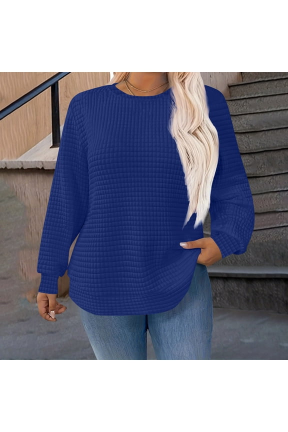 Plus Size Pullover Tops for Women Fashion Waffle Crewneck Sweatshirts Texture Long Sleeve Going Out Tops Fall Winter Clothes Blue XX-Large