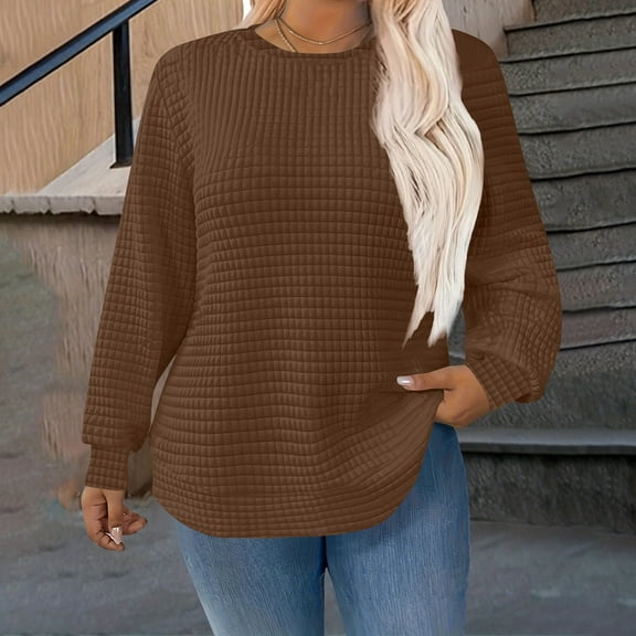 WMTBSRSW Plus Size Pullover Tops for Women Fashion Waffle Crewneck Sweatshirts Texture Long Sleeve Going Out Tops Fall Winter Clothes Brown 3X-Large