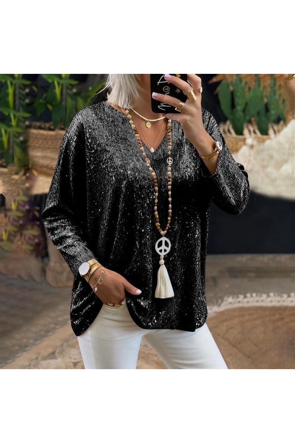 Plus Size Sequin Tunic Tops for Women Trendy Sparkly Blouses Dressy Casual Loose V Neck Long Sleeve Evening Party Shirts Black XX-Large