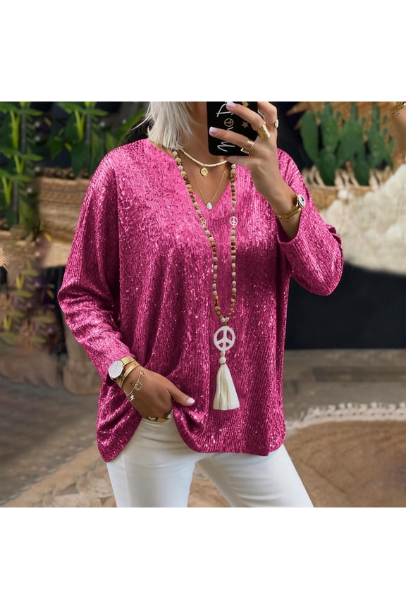 Plus Size Sequin Tunic Tops for Women Trendy Sparkly Blouses Dressy Casual Loose V Neck Long Sleeve Evening Party Shirts Hot Pink Medium