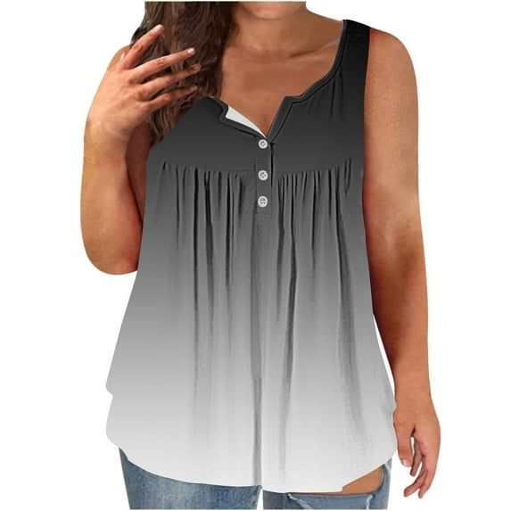 WMTBSRSW Plus Size Tops for Women Sleeveless Button Down Gradient Tunics Blouses Casual Loose Fit Vacation Beach Tank Tops Summer 2024