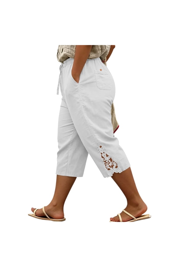 Plus Size Women Linen Capris Lace Tirm Drawstring Capri Pants Comfy High Waist Straight Leg Cropped Trousers with Pockets White 4X-Large