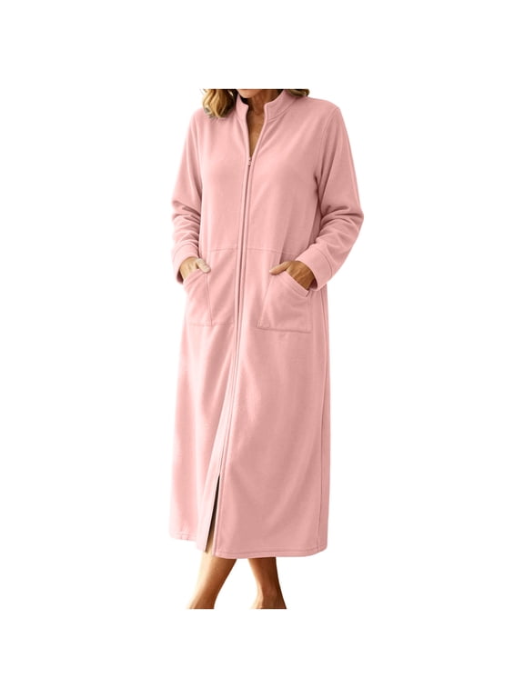 Polar Fleece Bathrobe for Women Mid Length Long Sleeve Zipper Front Robes Winter Warm Housecaot with Pockets