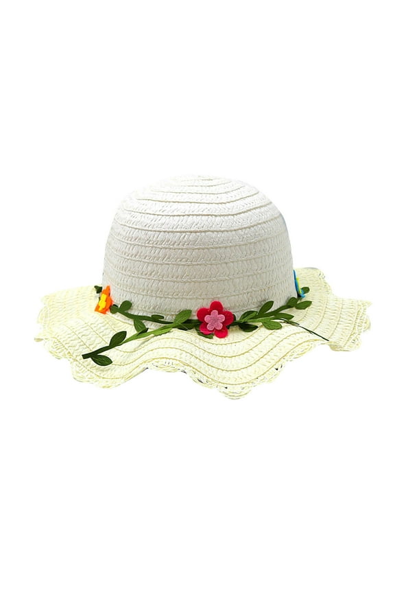 3-7 Years Girls Large Brim Sumemr Beach Hat Cute Flower Garlands Straw Hat Hollow out Sun Protection Outdoor Hat Lightweight Comfy Panama Hat