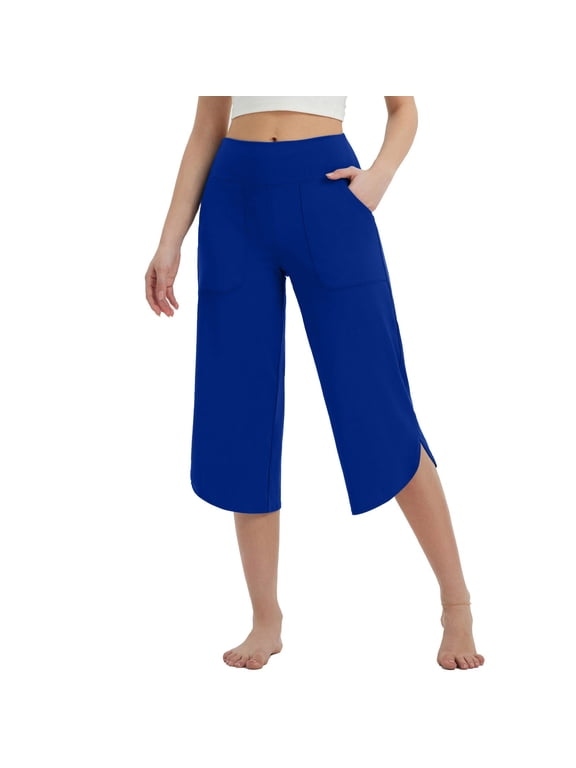 Pull On Capris for Women Dressy Casual Summer Stretch High Waisted Cropped Trousers Irregular Hem Tummy Control Leggings Yoga Pants