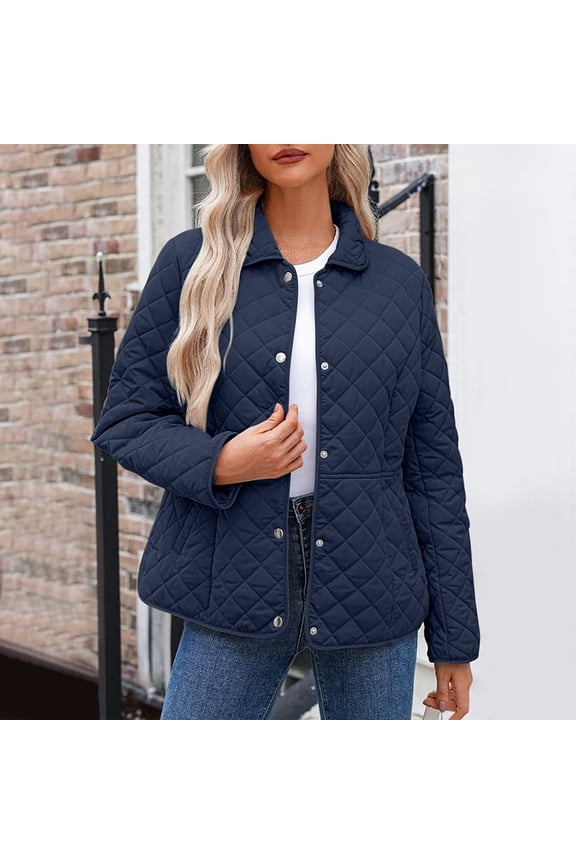 Women Plus Size Winter Jackets Fashion Quilted Jackets Long Sleeve Button Down Padded Coat Casual Short Texture Lapel Jackets No Hood Outwear L