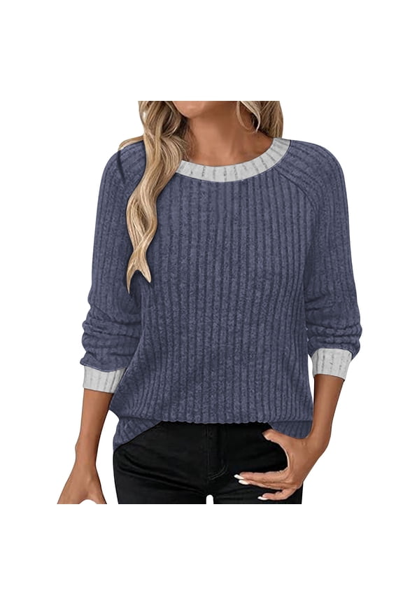 Ribbed Knit Long Sleeve Shirts for Women Casual Fall Color Block Crewneck Tops Lightweight Tunic Sweaters Fashion Clothes Loose Basic Blouse Navy Medium