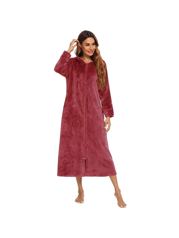 Robes for Women Ribbed Knitted Long Sleeve Zipper Bathrobe Cosy Soft Stretchy Solid Color Spa Lightweight Mid Length Warm Nightgown with Pocket