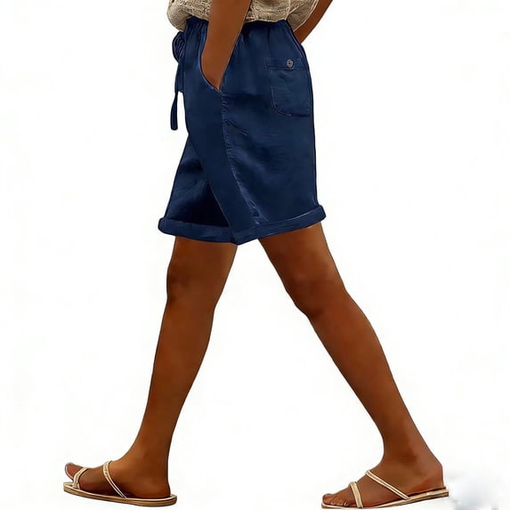 WMTBSRSW Roll Hem Casual Shorts for Women Lightweight Straight Leg Linen Shorts High Waist Drawstring Bermuda Shorts with Pockets Navy XX-Large
