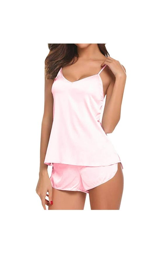 Satin Pajama Set for Women Silk Cami Pjs Set Camisole Top and Side Split Shorts Breathable Comfy Sleepwear Loungewear S-XL
