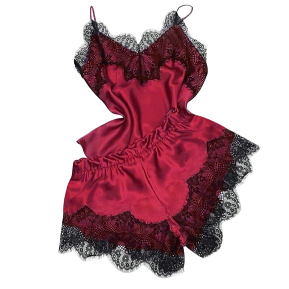 dazeni Satin Pajamas Sets for Women Lace Trim Sleep Sets with Cami Tops and Shorts Soft Red Dark Blue Black Sky Blue Beige Pjs Sets Honeymoon Sleepwear