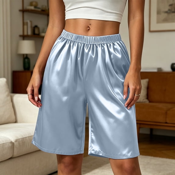 WMTBSRSW Satin Silk Pajama Shorts for Women Casual Summer Elastic Waist Bermuda Shorts Soft Sleep Pj Bottoms Blue Medium